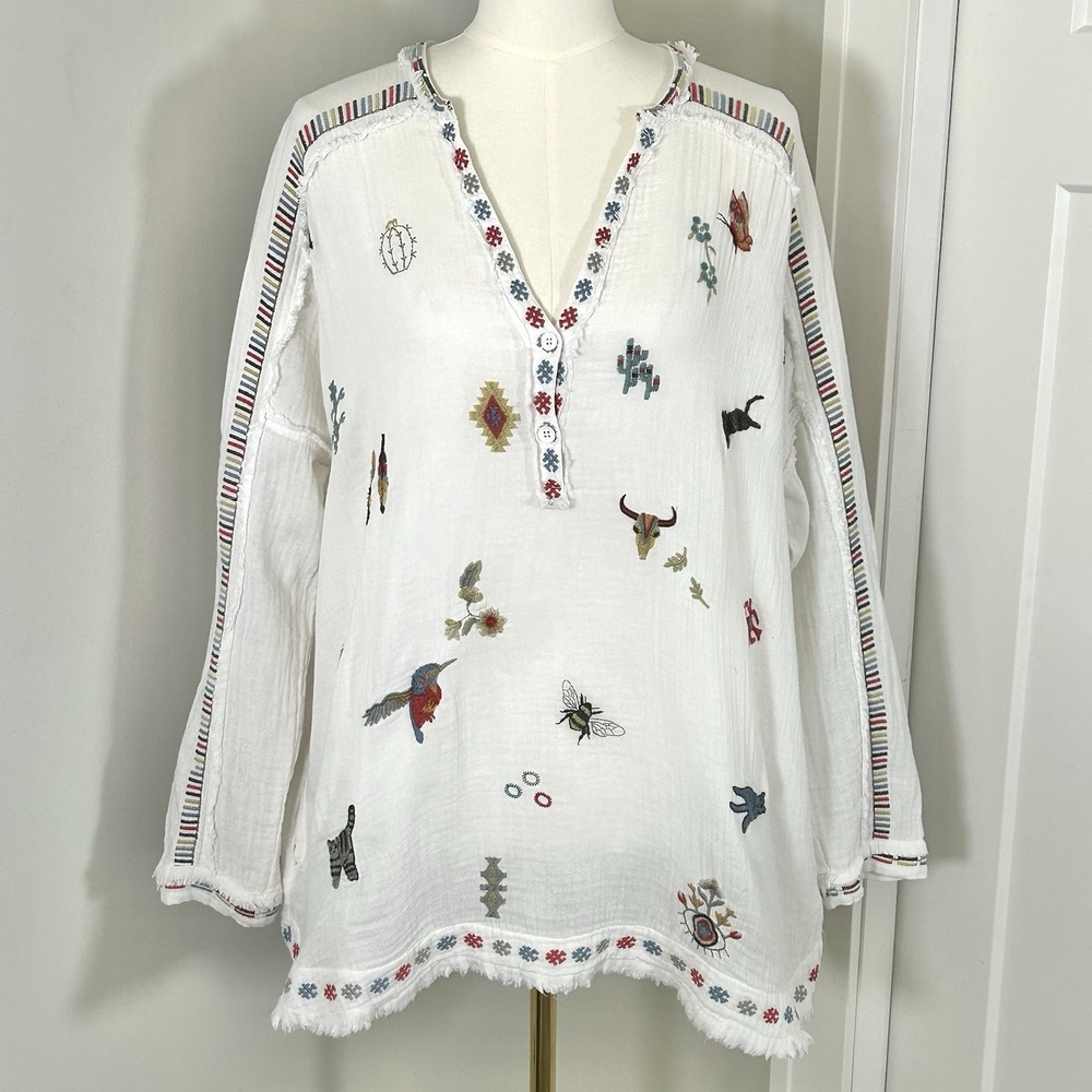 JOHNNY WAS Pete & Greta Tunic L White Embroidered Cotton Boho Long Sleeve NWOT